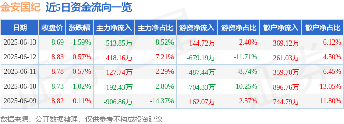 股票行情快报：金安国纪（002636）6月13日主力资金净卖出513.85万元